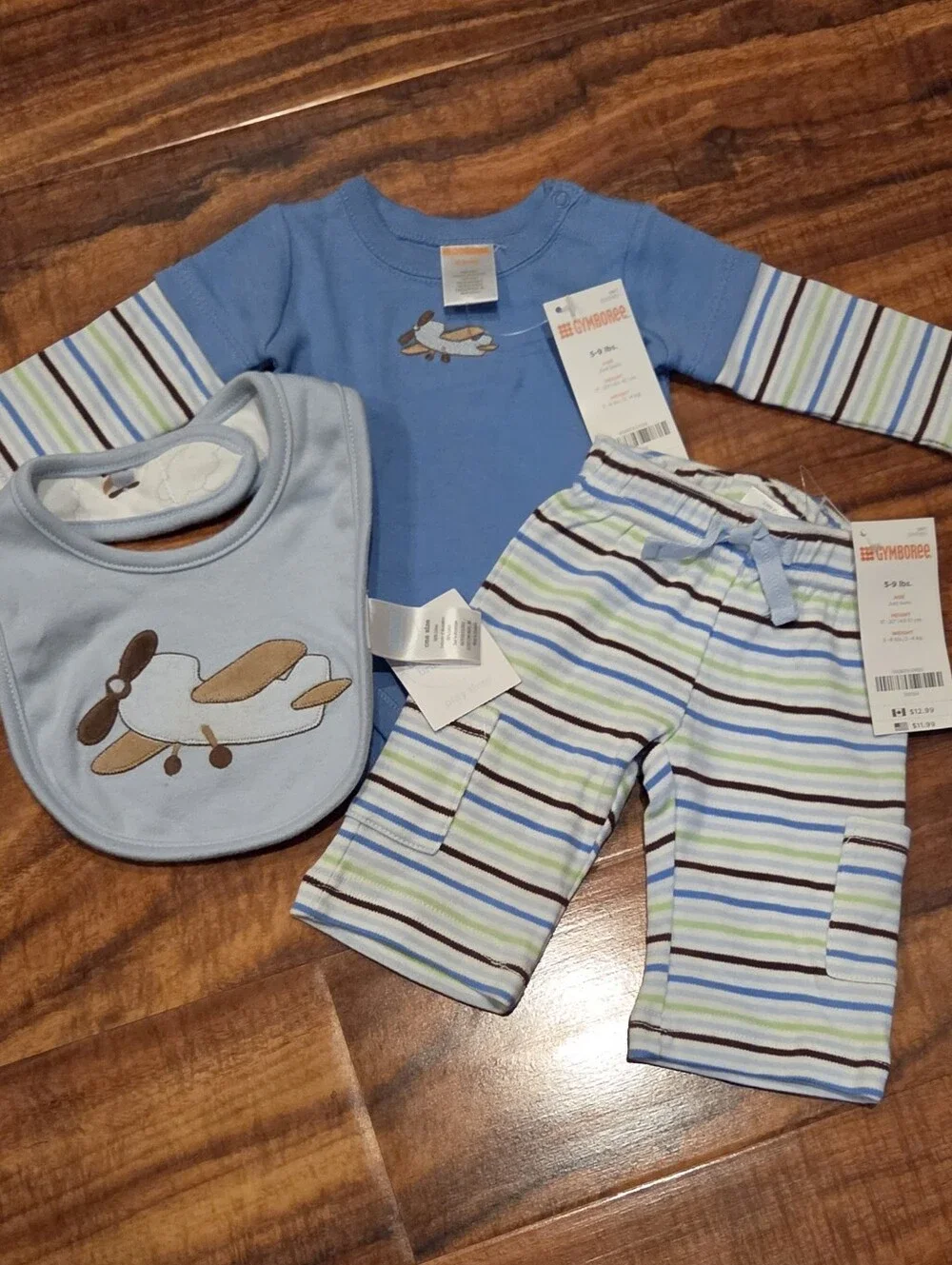 Gymboree NWT Newborn Blue Striped Airplane Bodyuit, Pants and Bib Set